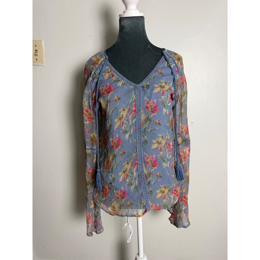 Sundance Blue Floral Bell Sleeve Tassel Blouse Boho cottageore oversized flirty